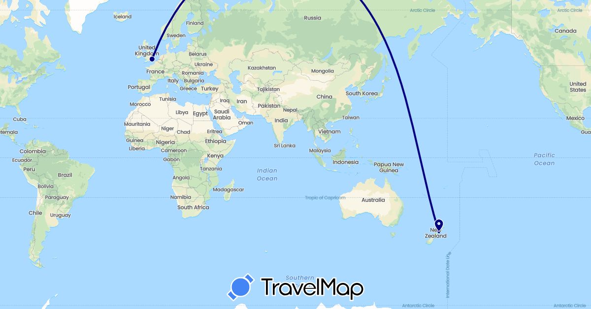 TravelMap itinerary: driving in United Kingdom, New Zealand (Europe, Oceania)
